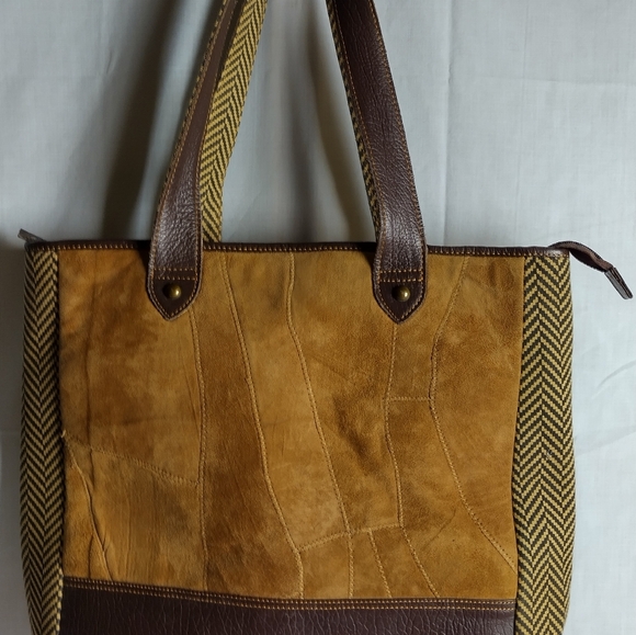Vaan & Co Women Milano Upcycled Leather And Suede Herringbone Tote Shoulder Bag - Picture 6 of 15